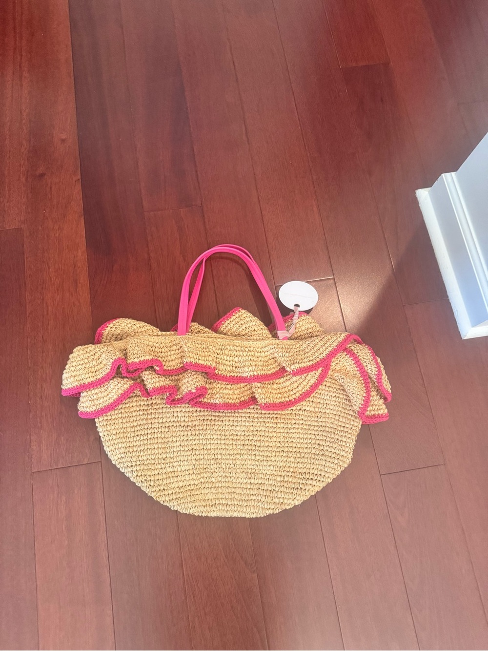 Woven Straw Tote with Pink Ruffle Trim - Picture 2 of 4